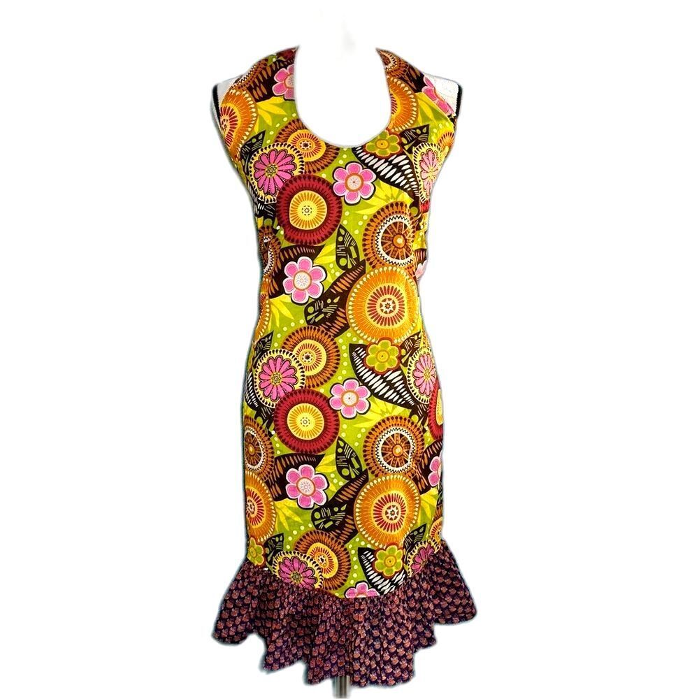 Pier 1 Imports Retro Groovy Floral Halter Hostess Apron Dress